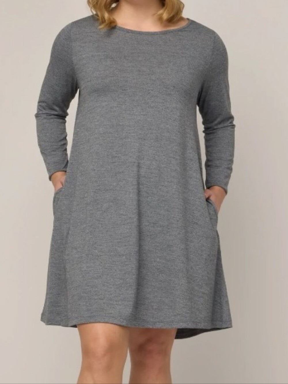 Wool& Rowena Swing Dress Merino Wool Grey Long Sleeve Pockets Women's Size Large